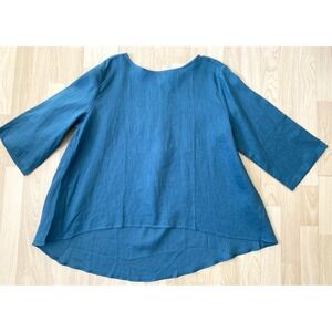 Lintico Women's 2XL Blouse Top 100% Linen Oversized Lagenlook Aqua Hi-Lo Hem